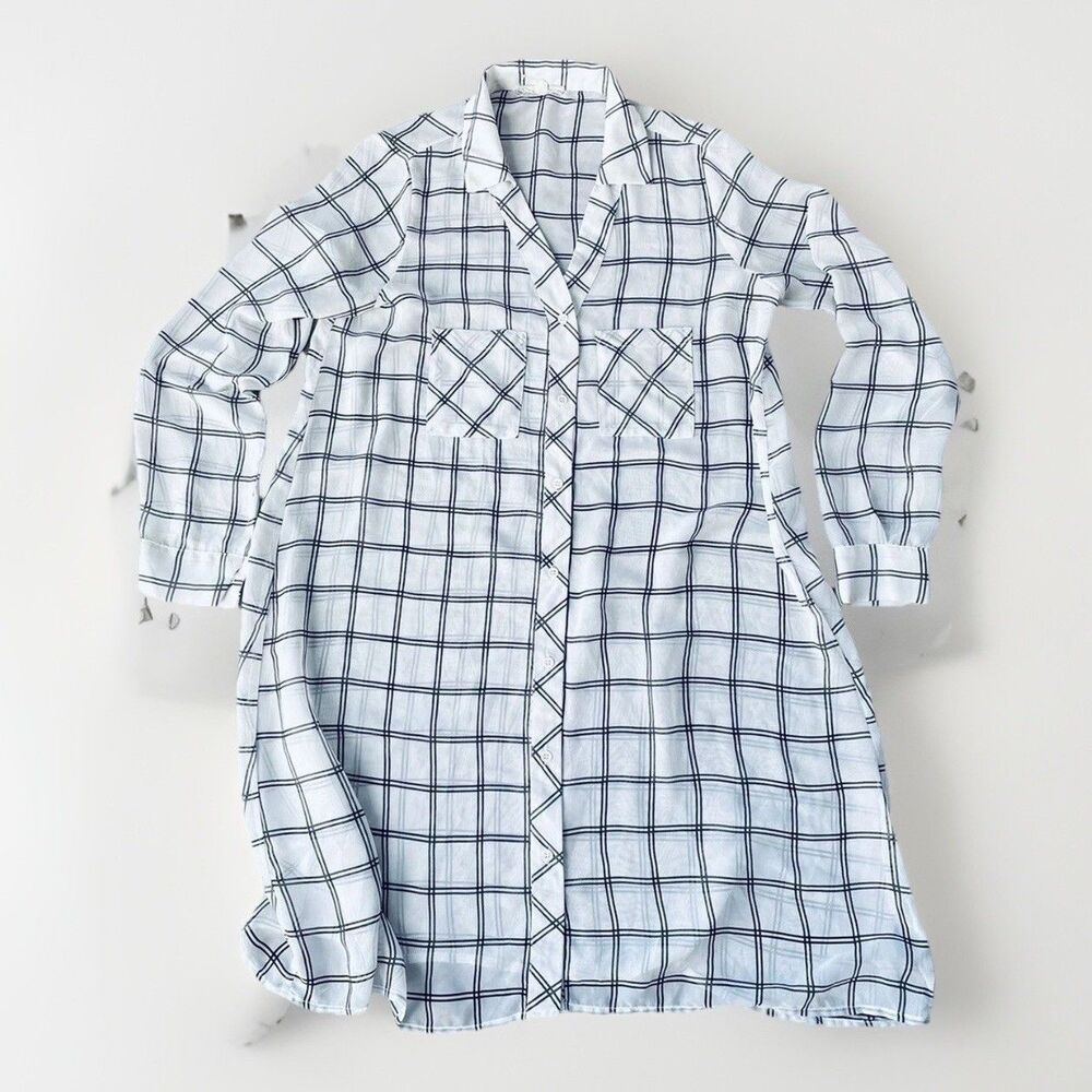 Pleione Shirt Dress White Black Sheer Size XS Plaid Button Front Oversized